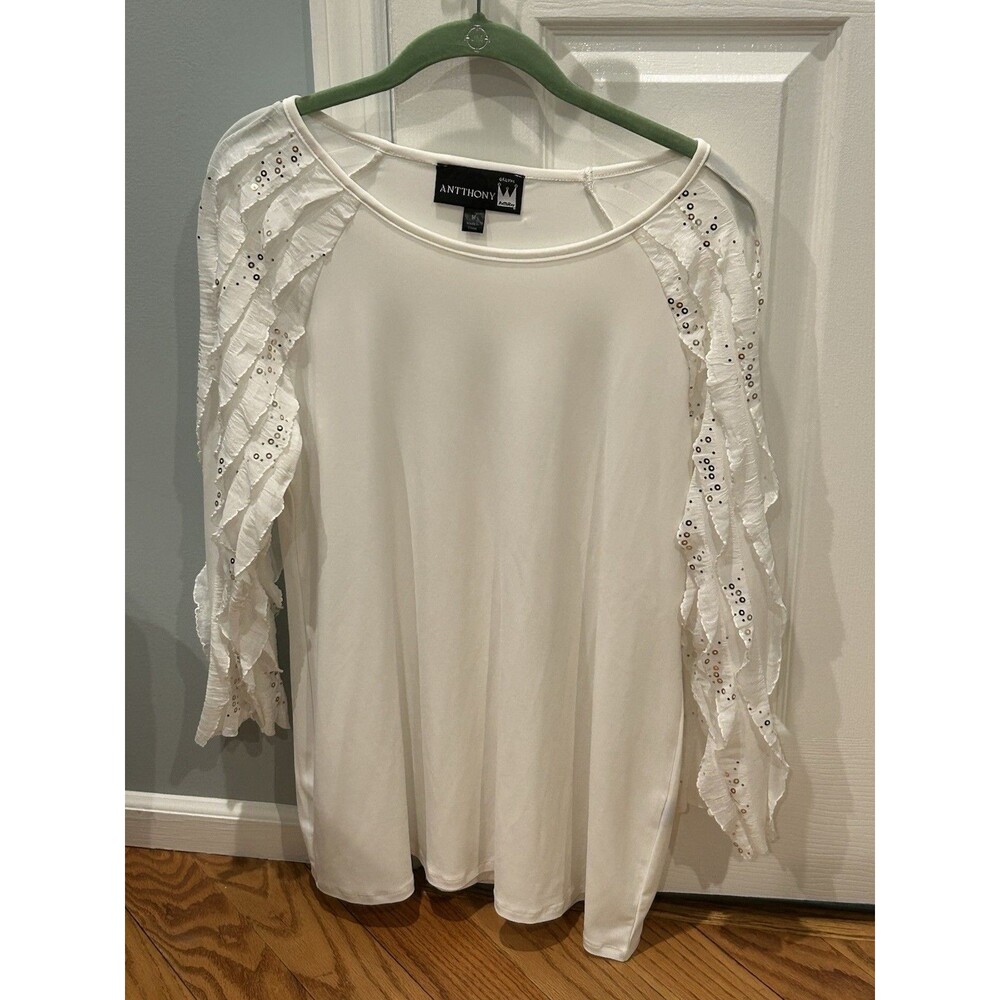 Antthony White Knit Dress Top With Embellished Flutter Sleeves Size M